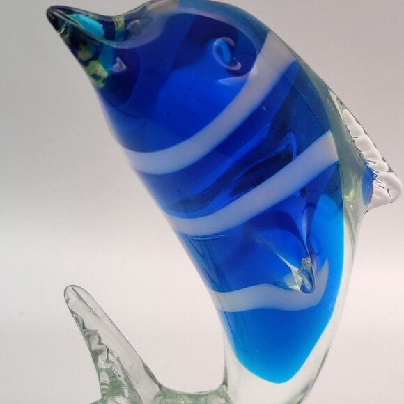 Vintage Striped Glass Dolphin Hand Blown Blue White Art Glass Sculpture 7" Rare - Picture 9 of 13